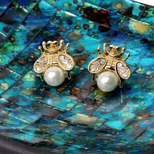Gold Bee Pearl Stud Earrings | Crystal Wing Insect